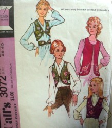 3072 McCalls WOOSTOCK EMBROIDER VEST 4 LENGTHS,TIE BELT PATTERN LG 38-40 or MED 34-36 Choice